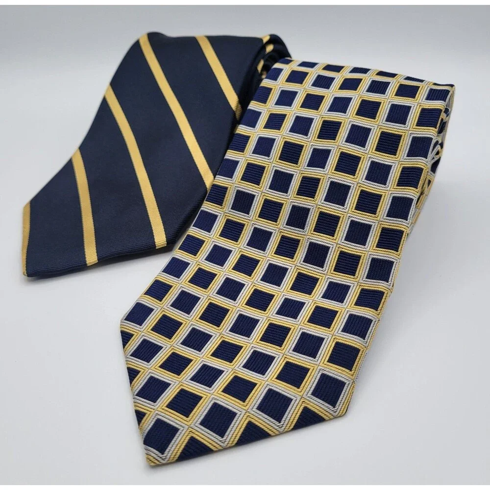 Brooks Brothers Makers Silk Tie Striped and Geometric Foulard Necktie Blue Gold